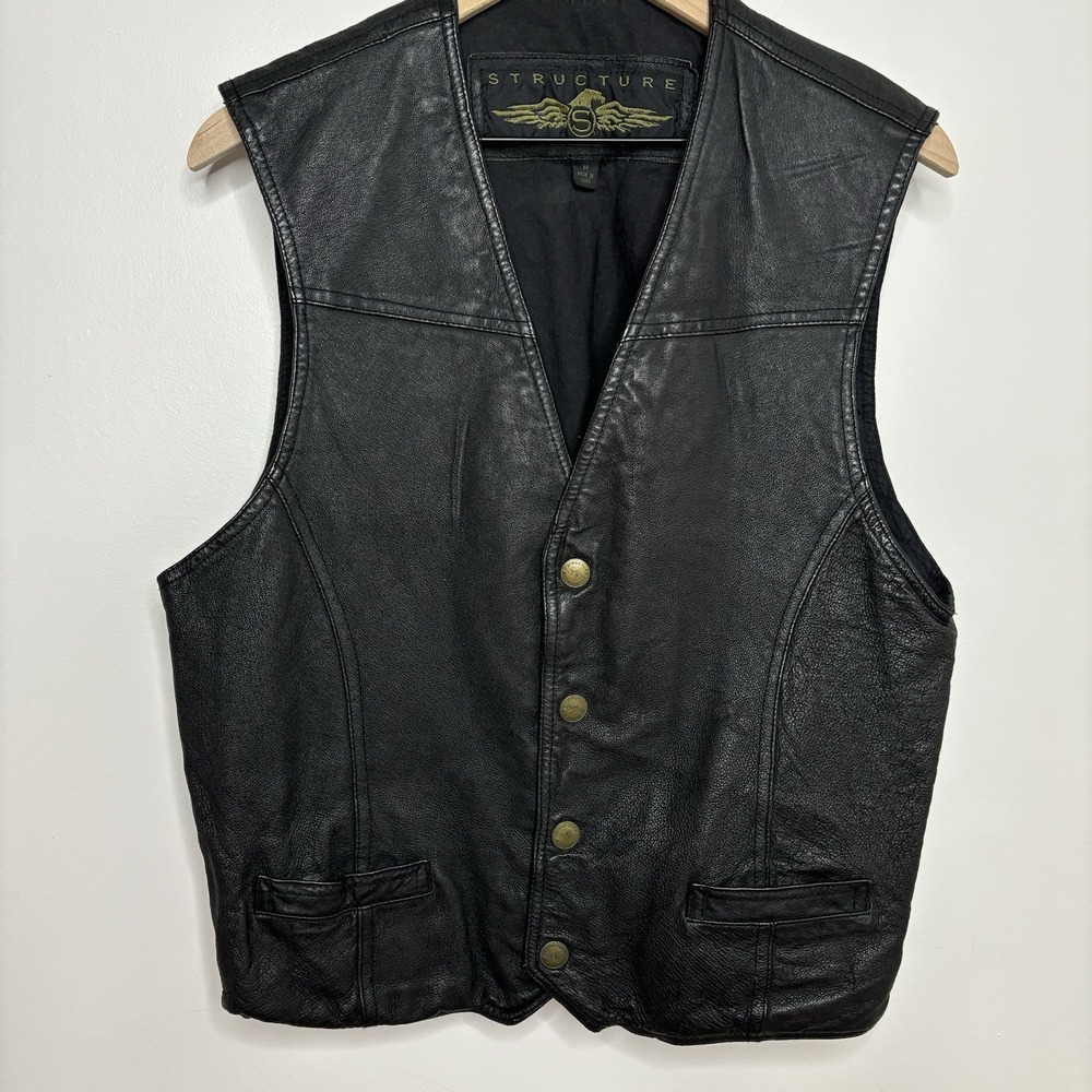 Vintage Genuine Leather Vest Structure Men's Biker‎ Medium Black Zip Pocket